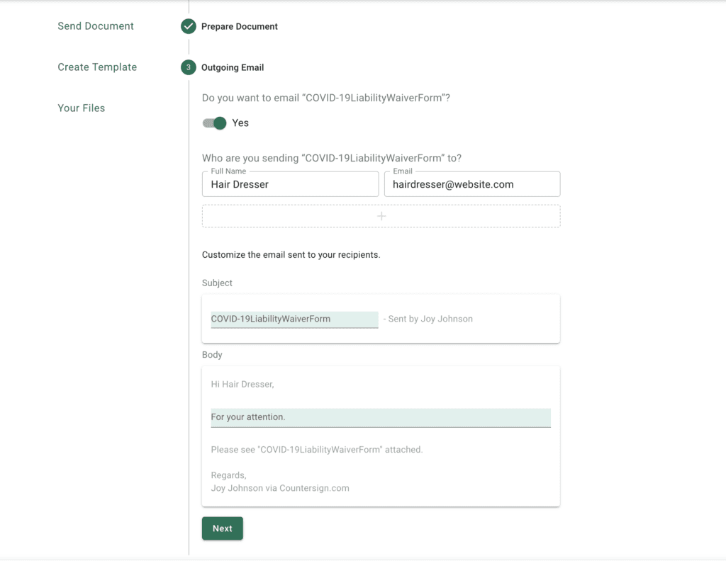 tutorial Customize email (Countersign screenshot)