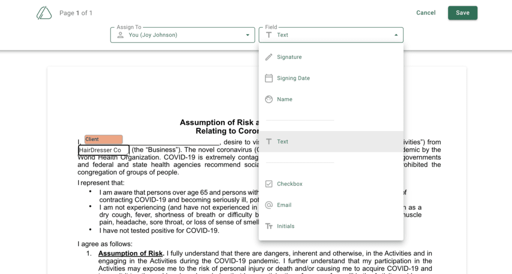Assign fields to signer (Countersign screenshot)