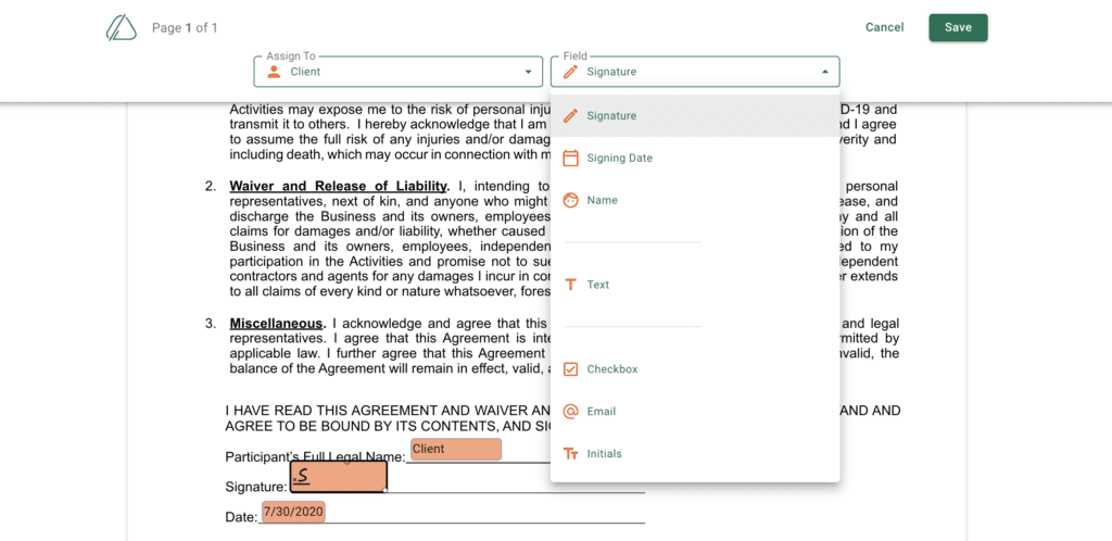 Assign fields to signer (Countersign screenshot)