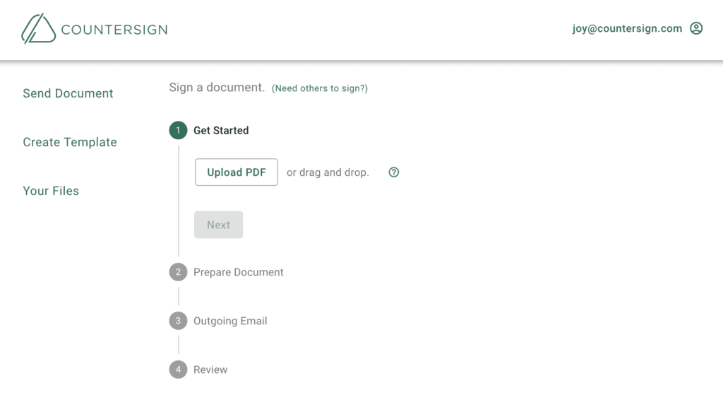 Upload the document (Countersign screenshot)