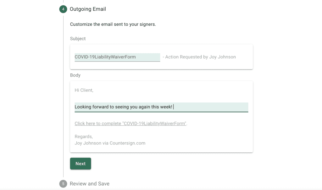 Customize email (Countersign screenshot)