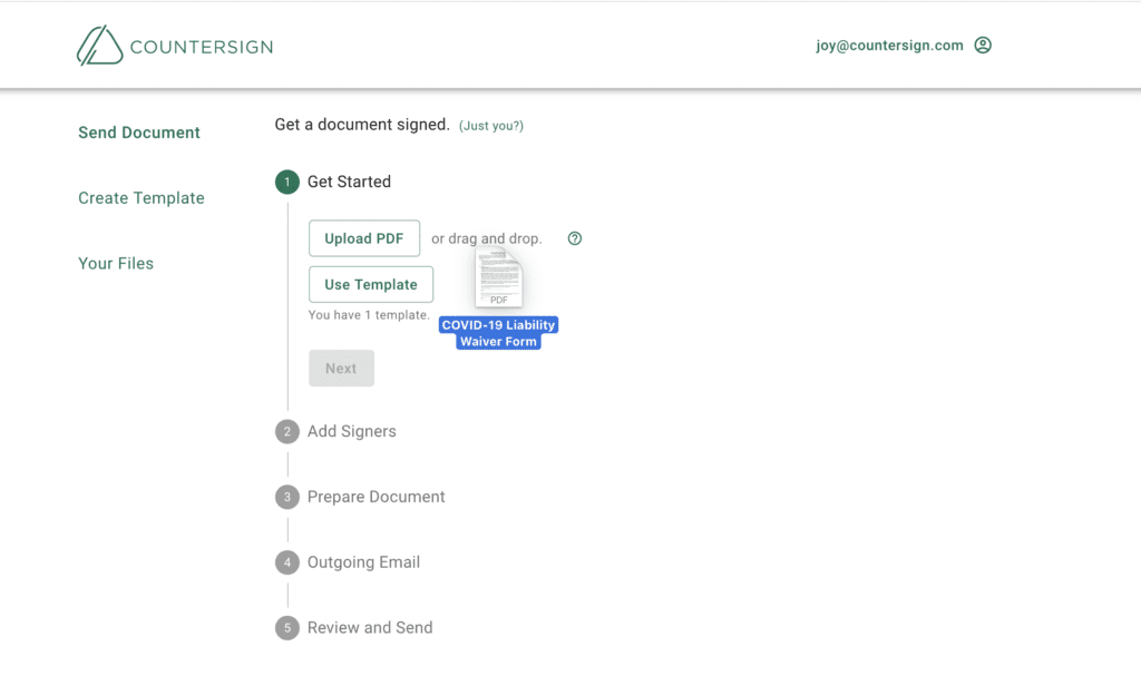 Upload the document to prepare it as template (Countersign screenshot)