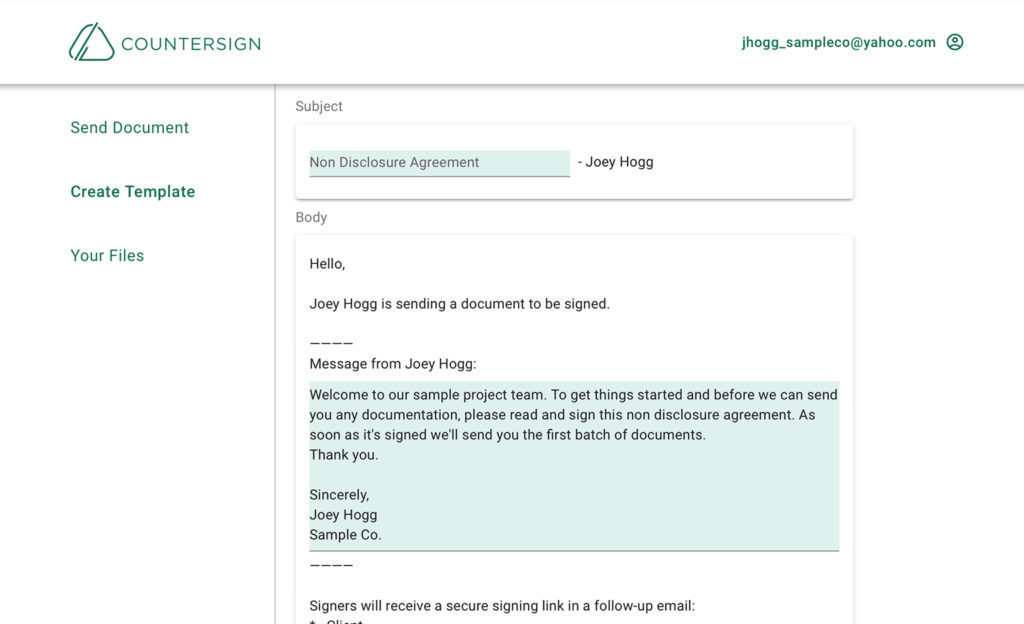 Create template - Customize email - Countersign