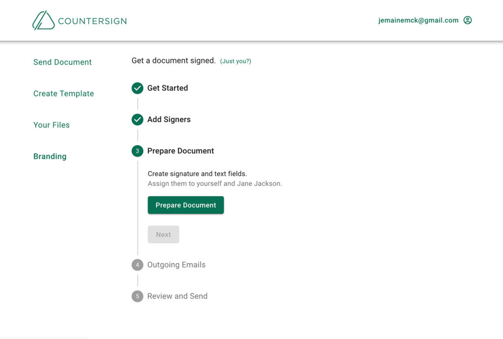 In Countersign, a step-by-step workflow helps to prepare your e-sign documents efficiently.