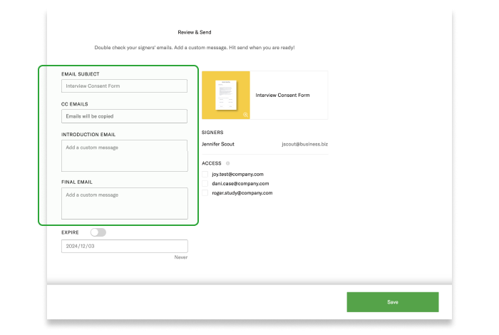 Step 4: Customize email messges and send the document